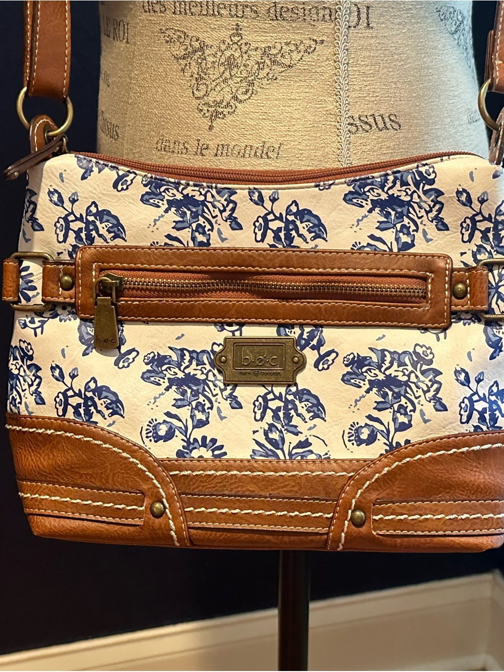 b.o.c. Floral Canvas Crossbody Bag in Blue and Tan Trim